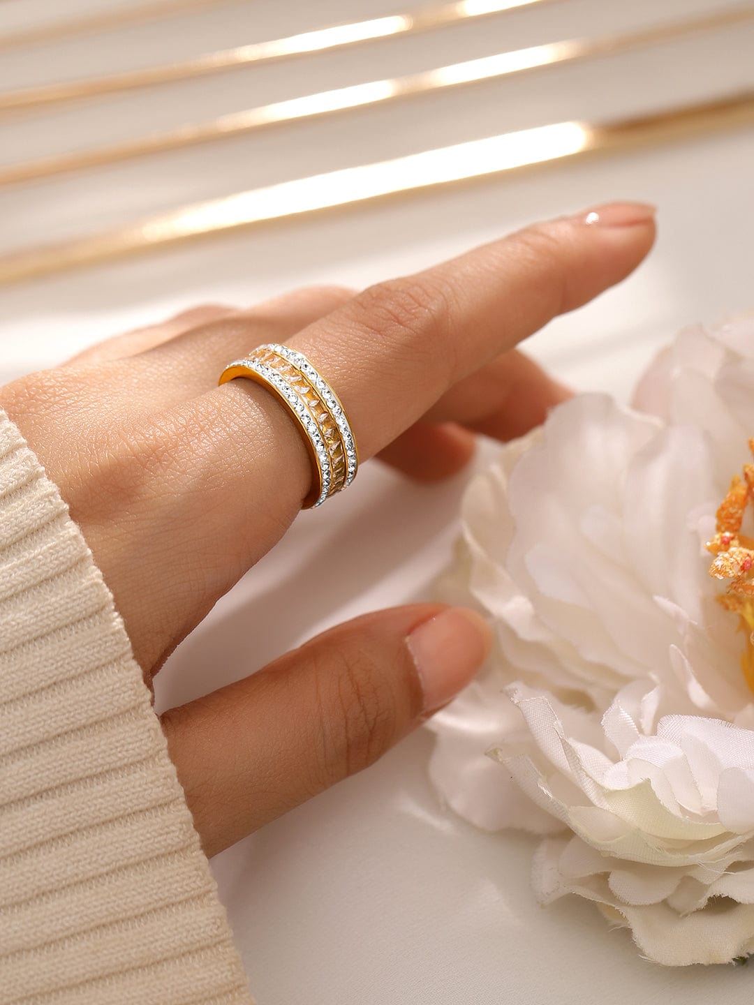 【Rubans】 Square American Diamond Zirconia Enamelled Band Ring｜スクエア アメリカンダイヤモンド ジルコニア エナメル バンドリング