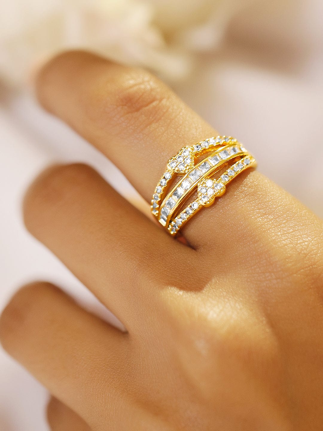 【Rubans】 American Diamond Zirconia Gold Heart Ring｜アメリカンダイヤモンド ジルコニア ゴールド ツインハート アジャスタブルリング