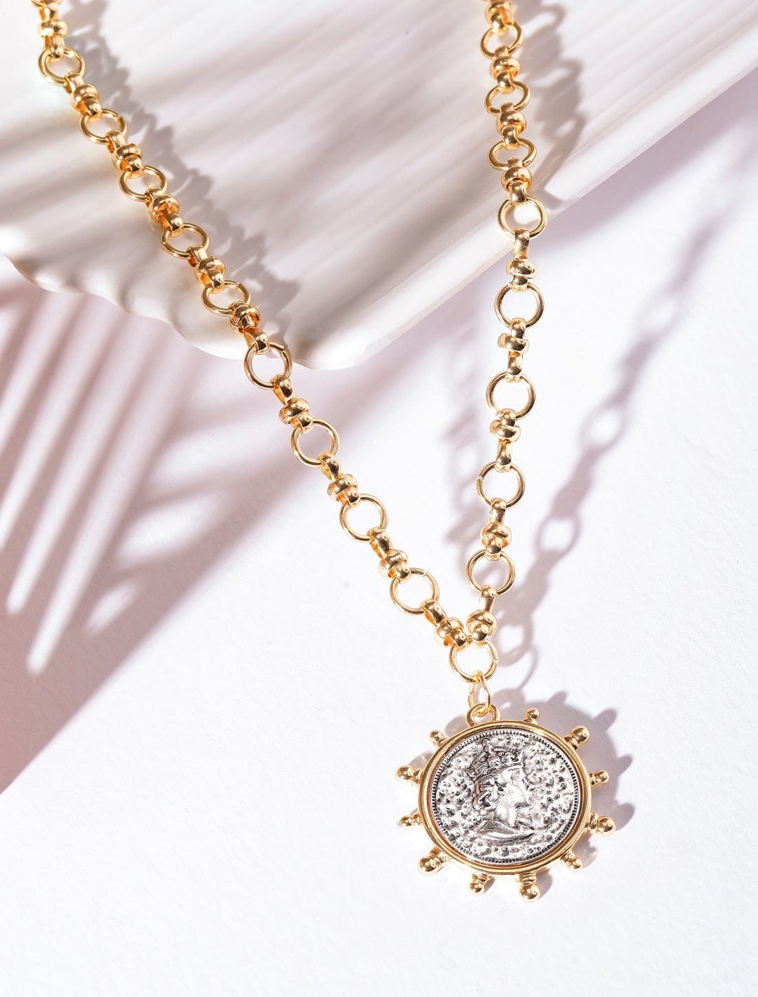 【Rubans】 22K Gold Plated Link Chain Sunburst Charm Statement Necklace｜22Kゴールドメッキ リンクチェーン サンバースト チャーム ステートメントネックレス