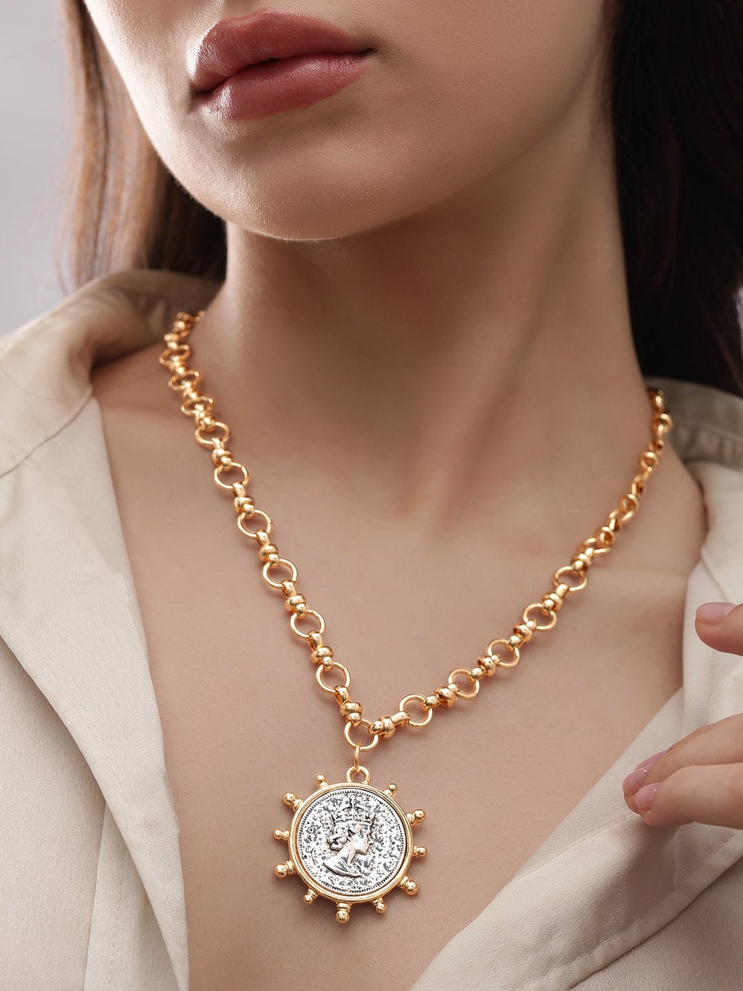 【Rubans】 22K Gold Plated Link Chain Sunburst Charm Statement Necklace｜22Kゴールドメッキ リンクチェーン サンバースト チャーム ステートメントネックレス