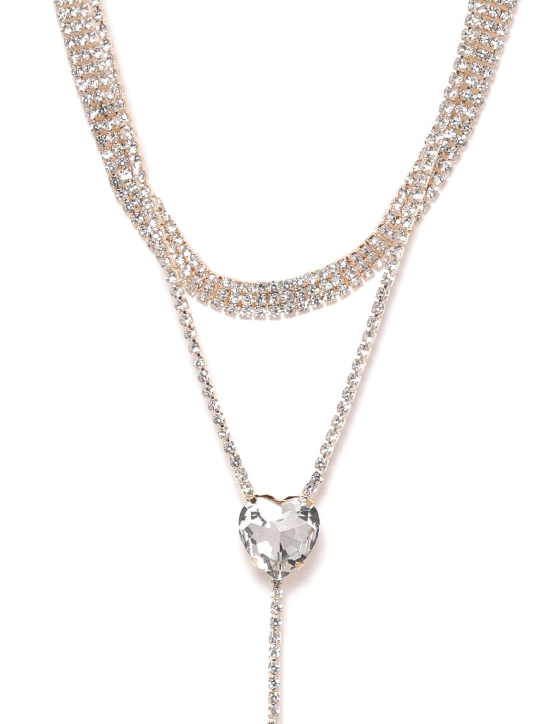 Crystal Studded Layered Heart Necklace Silver