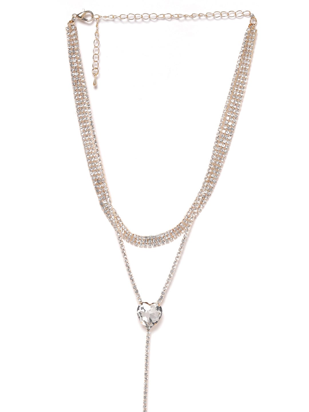Crystal Studded Layered Heart Necklace Silver