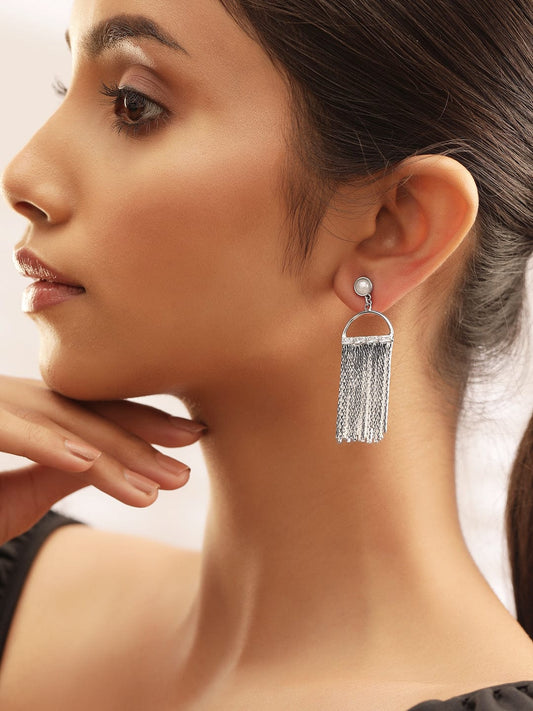 White Tassel Dangler Earrings Silver