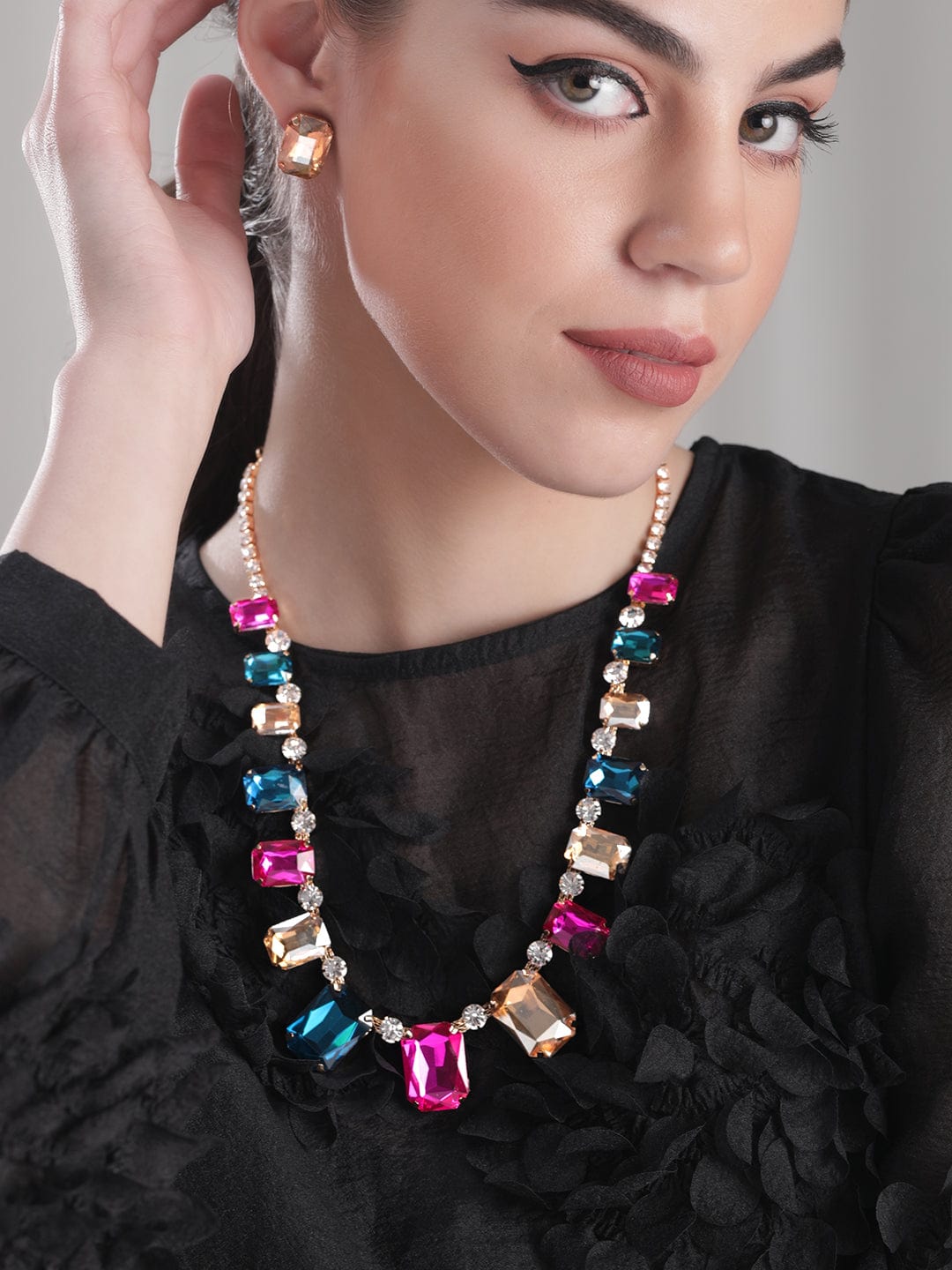 Multi Colored Crystal Chunky Necklace Set Multicolor