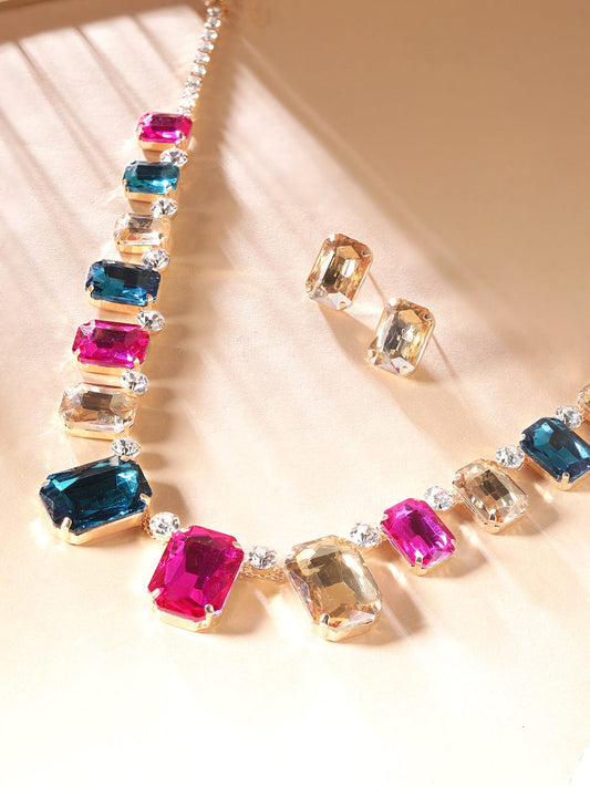 Multi Colored Crystal Chunky Necklace Set Multicolor