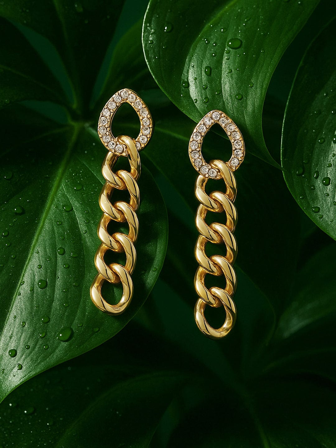 【Rubans】 Voguish Gold Toned Cuban Link Cubic Zirconia Drop Earrings｜ヴォーギッシュ ゴールドトーン キューバンリンク キュービックジルコニア ドロップイヤリング