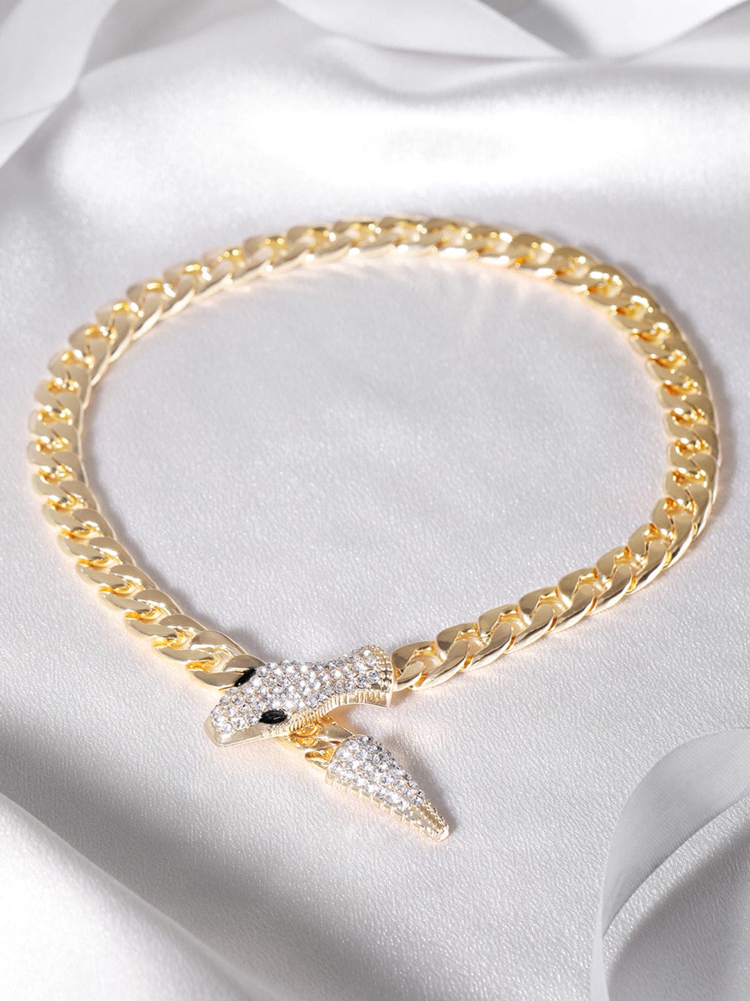 Crystal Studded Snake Pattern Gold Necklace Gold