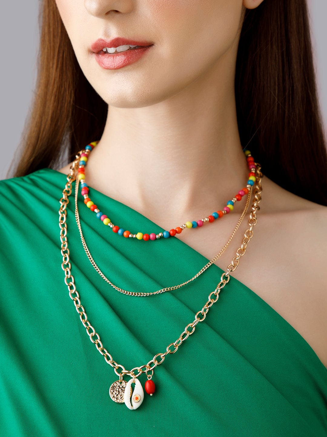 【Rubans】 Voguish Gold-Toned Multicolour Beaded Layered Necklace Set of 3｜ヴォーギッシュ ゴールドトーン マルチカラービーズ レイヤードネックレス 3本セット