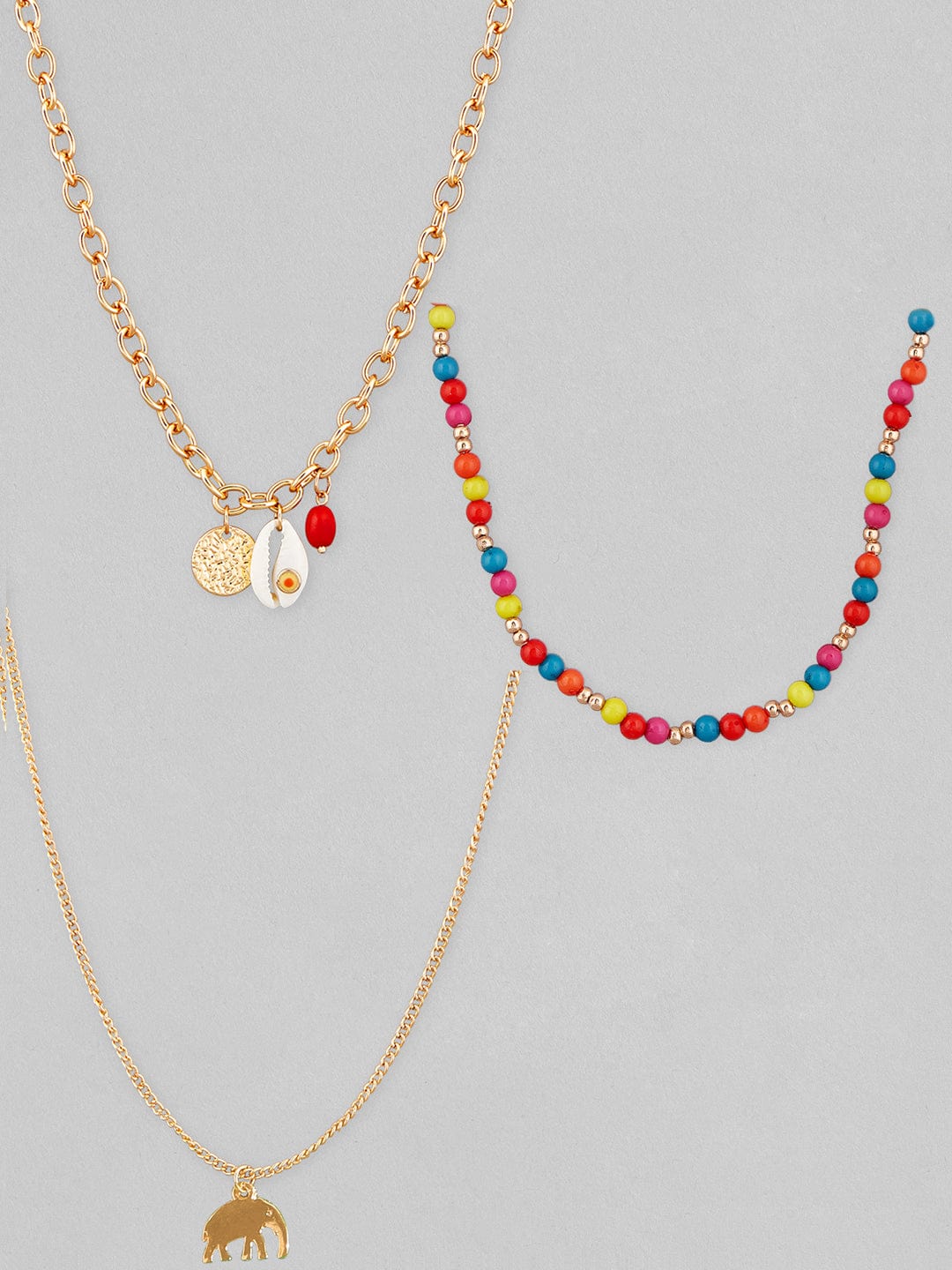 【Rubans】 Voguish Gold-Toned Multicolour Beaded Layered Necklace Set of 3｜ヴォーギッシュ ゴールドトーン マルチカラービーズ レイヤードネックレス 3本セット