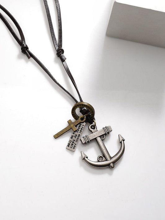 【Rubans】 Voguish Men Brown Lather Adjustable Necklace With Arrow Pendant｜メンズ ブラウンレザー アジャスタブル ネックレス アローペンダント