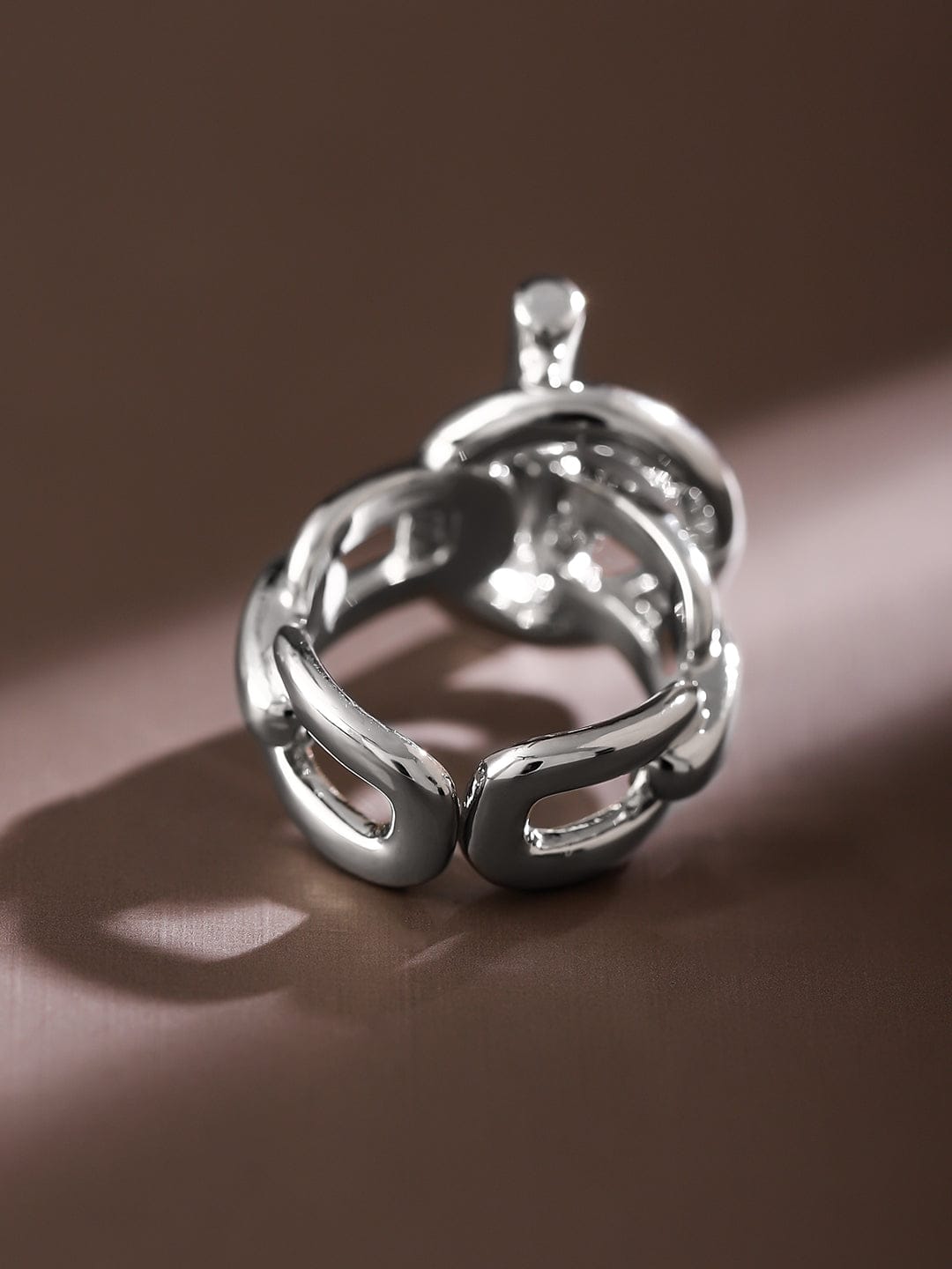 Rubans Voguish Rhodium-Plated Adjustable Chain-Link Statement Ring Silver