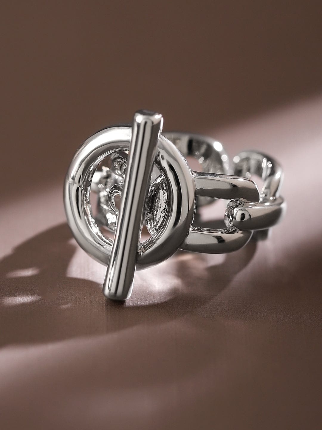 Rubans Voguish Rhodium-Plated Adjustable Chain-Link Statement Ring Silver