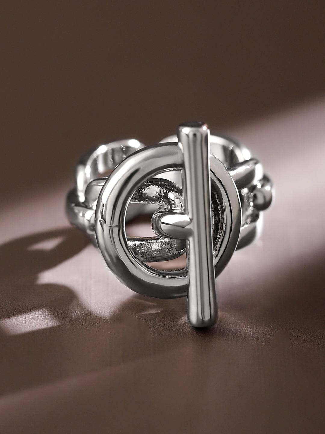 Rubans Voguish Rhodium-Plated Adjustable Chain-Link Statement Ring Silver