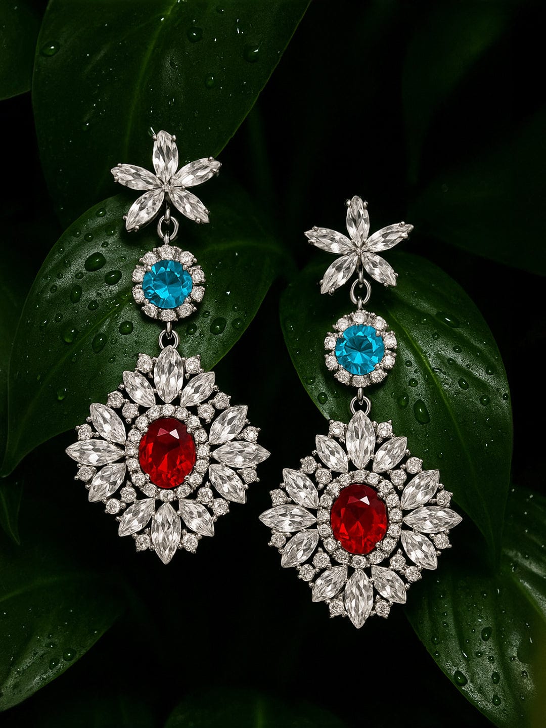 【Rubans】 Voguish Rhodium Plated Crystal Multicolor Zirconia Studded Floral Drop Earrings｜ヴォーギッシュ ロジウムメッキ クリスタル マルチカラー ジルコニア フローラル ドロップイヤリング