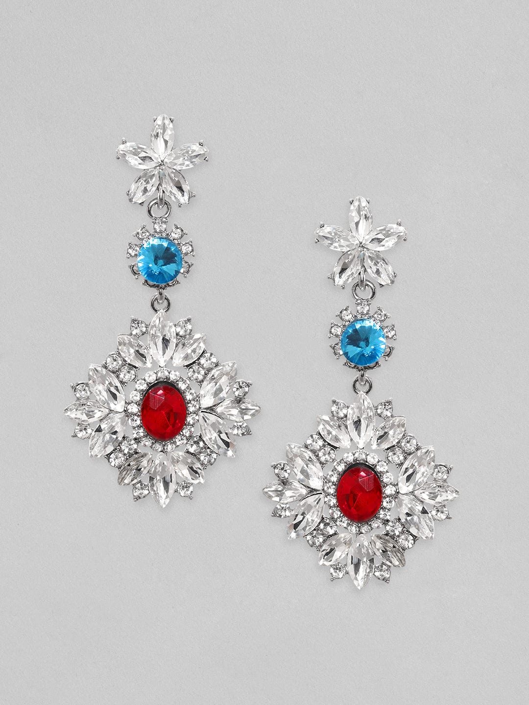 【Rubans】 Voguish Rhodium Plated Crystal Multicolor Zirconia Studded Floral Drop Earrings｜ヴォーギッシュ ロジウムメッキ クリスタル マルチカラー ジルコニア フローラル ドロップイヤリング