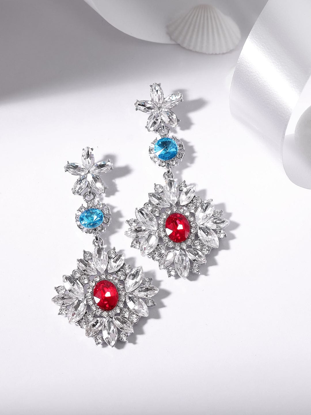 【Rubans】 Voguish Rhodium Plated Crystal Multicolor Zirconia Studded Floral Drop Earrings｜ヴォーギッシュ ロジウムメッキ クリスタル マルチカラー ジルコニア フローラル ドロップイヤリング