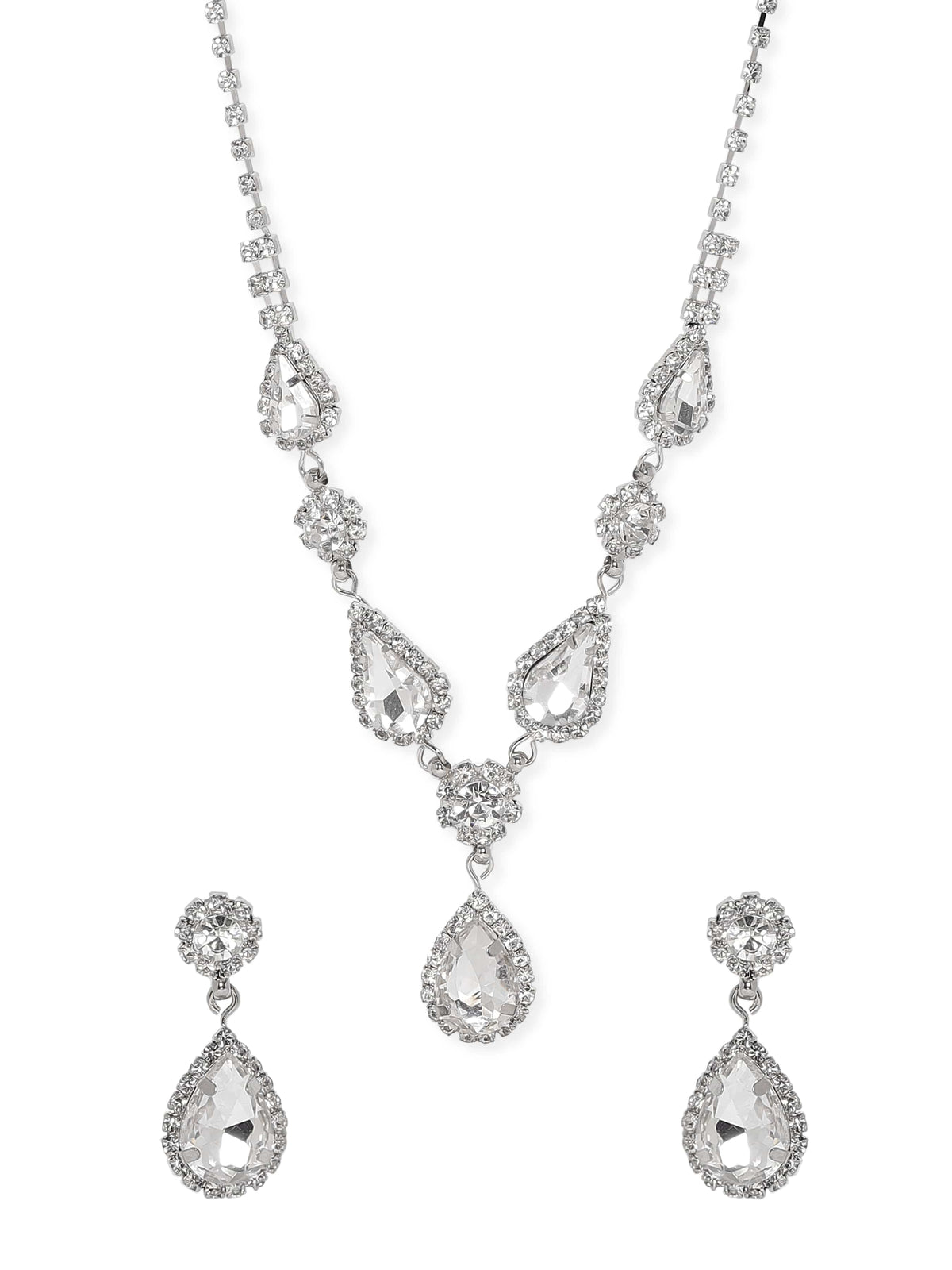 American Diamond Zirconia Studded Drop Necklace Set Silver