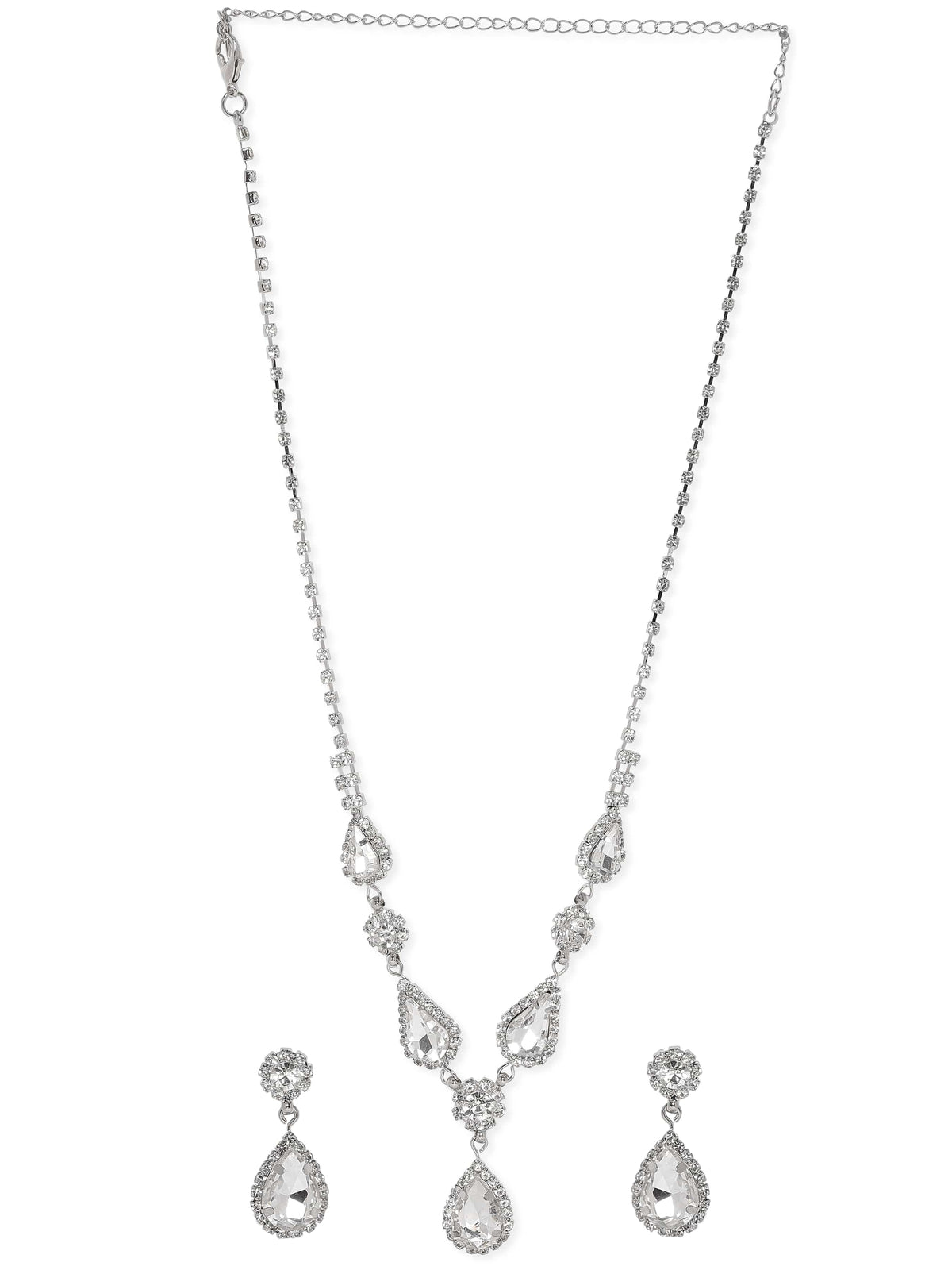 American Diamond Zirconia Studded Drop Necklace Set Silver