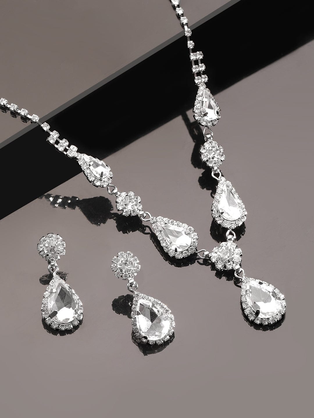 American Diamond Zirconia Studded Drop Necklace Set Silver