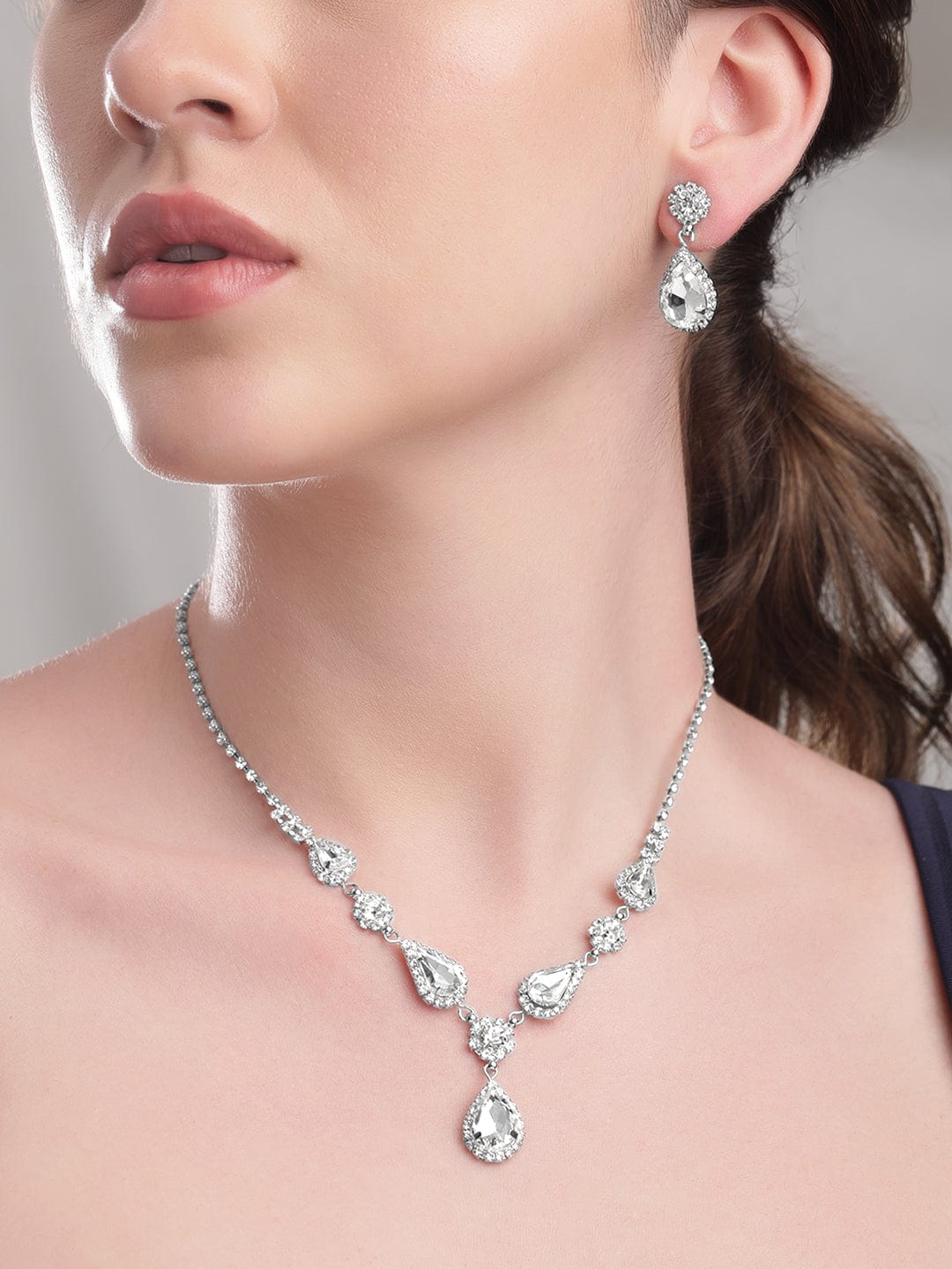 American Diamond Zirconia Studded Drop Necklace Set Silver