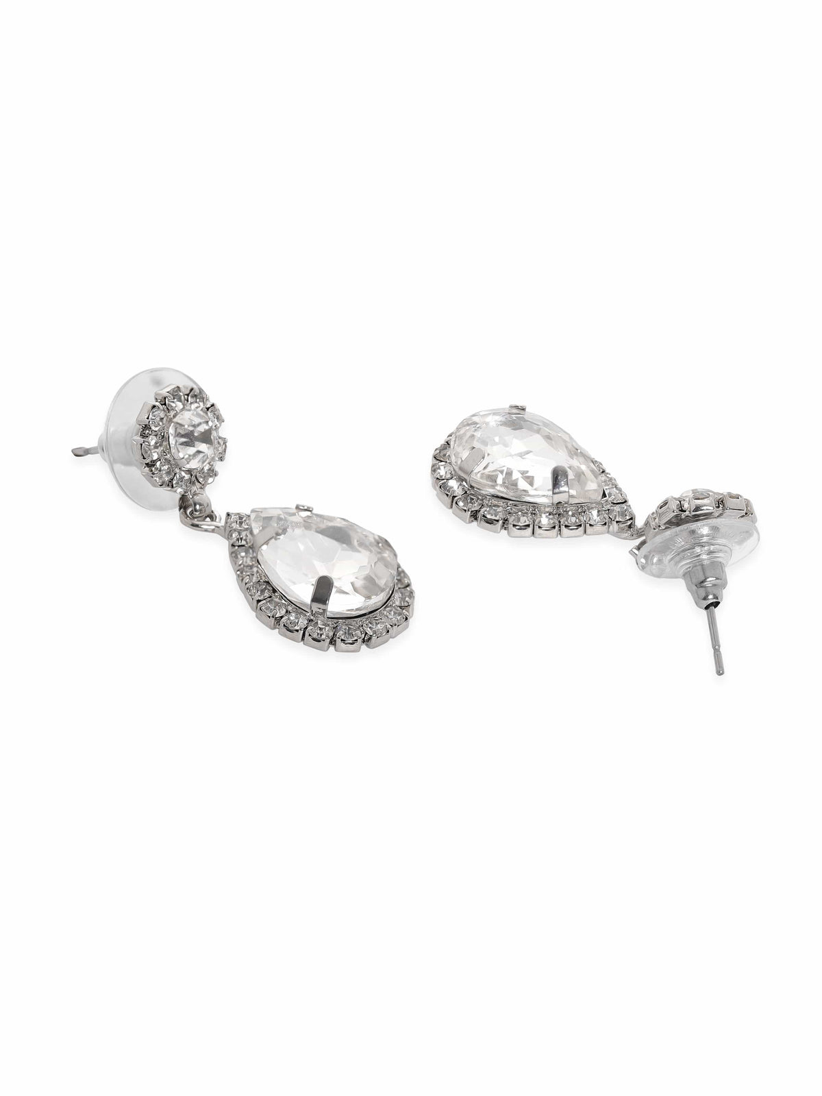 American Diamond Zirconia Studded Drop Necklace Set Silver