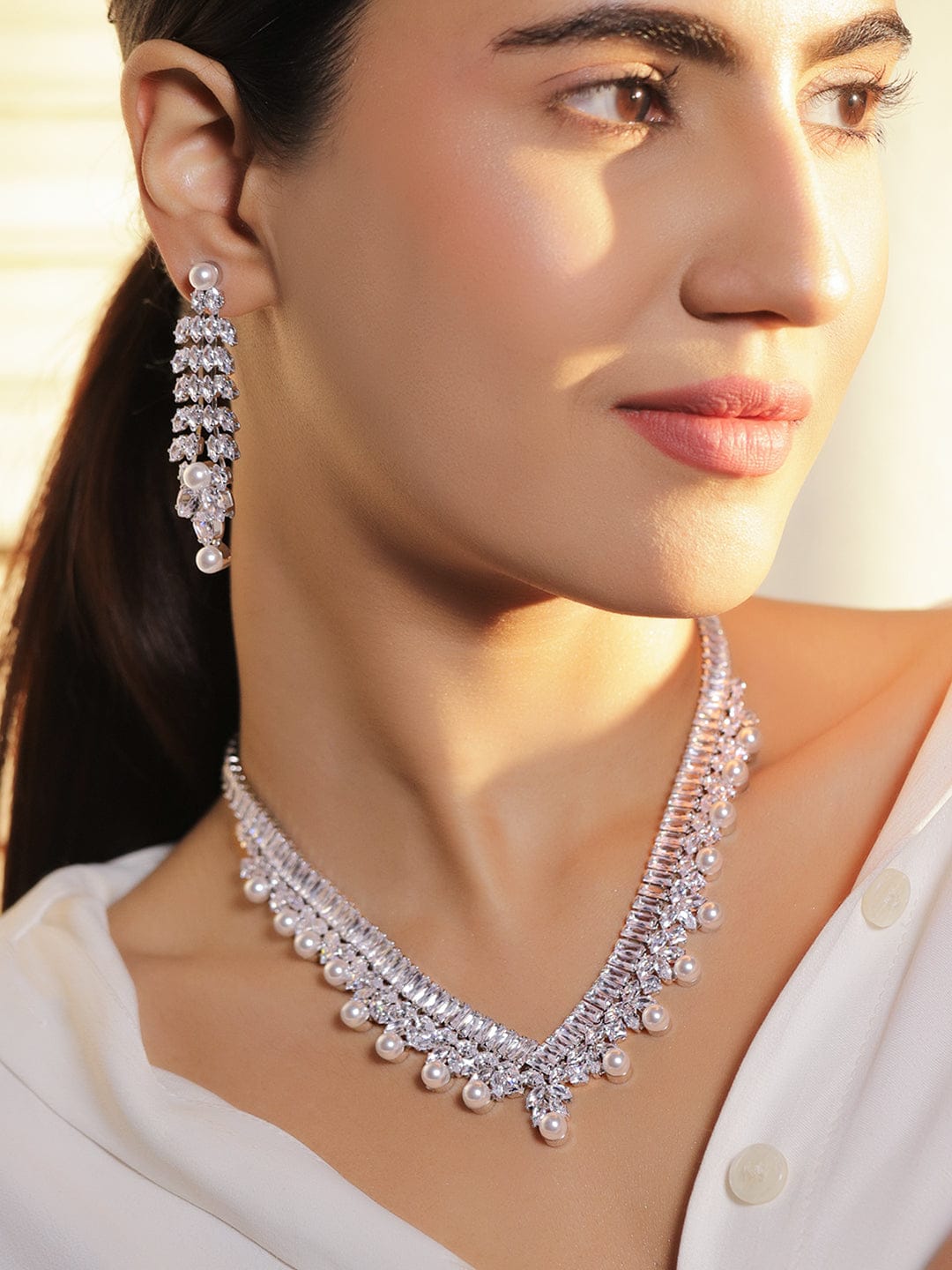 【Rubans】 Line Baguette Zirconia Pearl Necklace Set｜ロジウムメッキ バゲット ジルコニア パール ネックレスセット