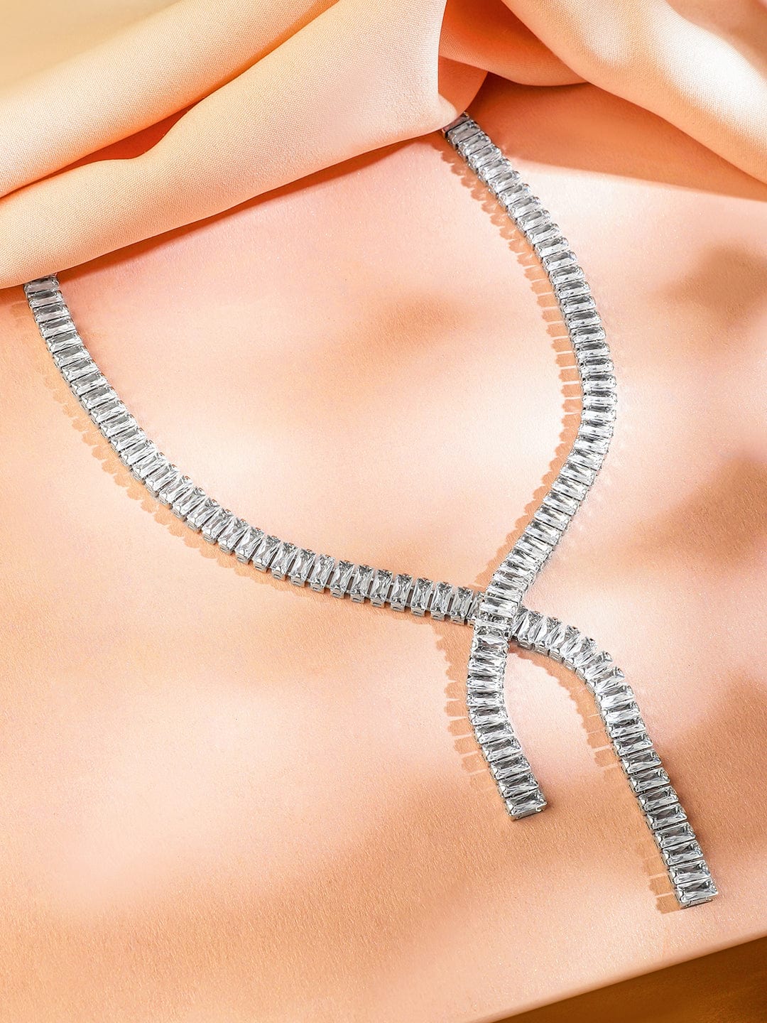 Refined Y Shaped Ad Studded Necklace Silver