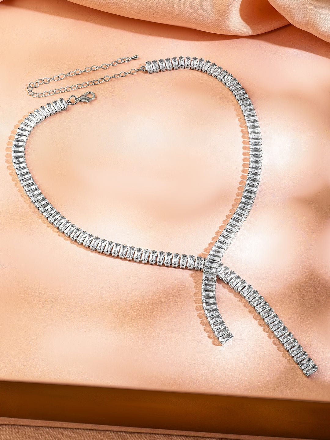 Refined Y Shaped Ad Studded Necklace Silver