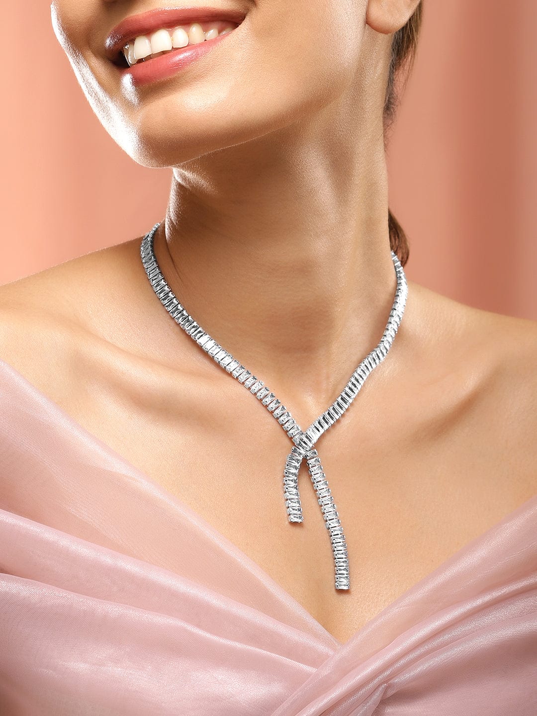 Refined Y Shaped Ad Studded Necklace Silver