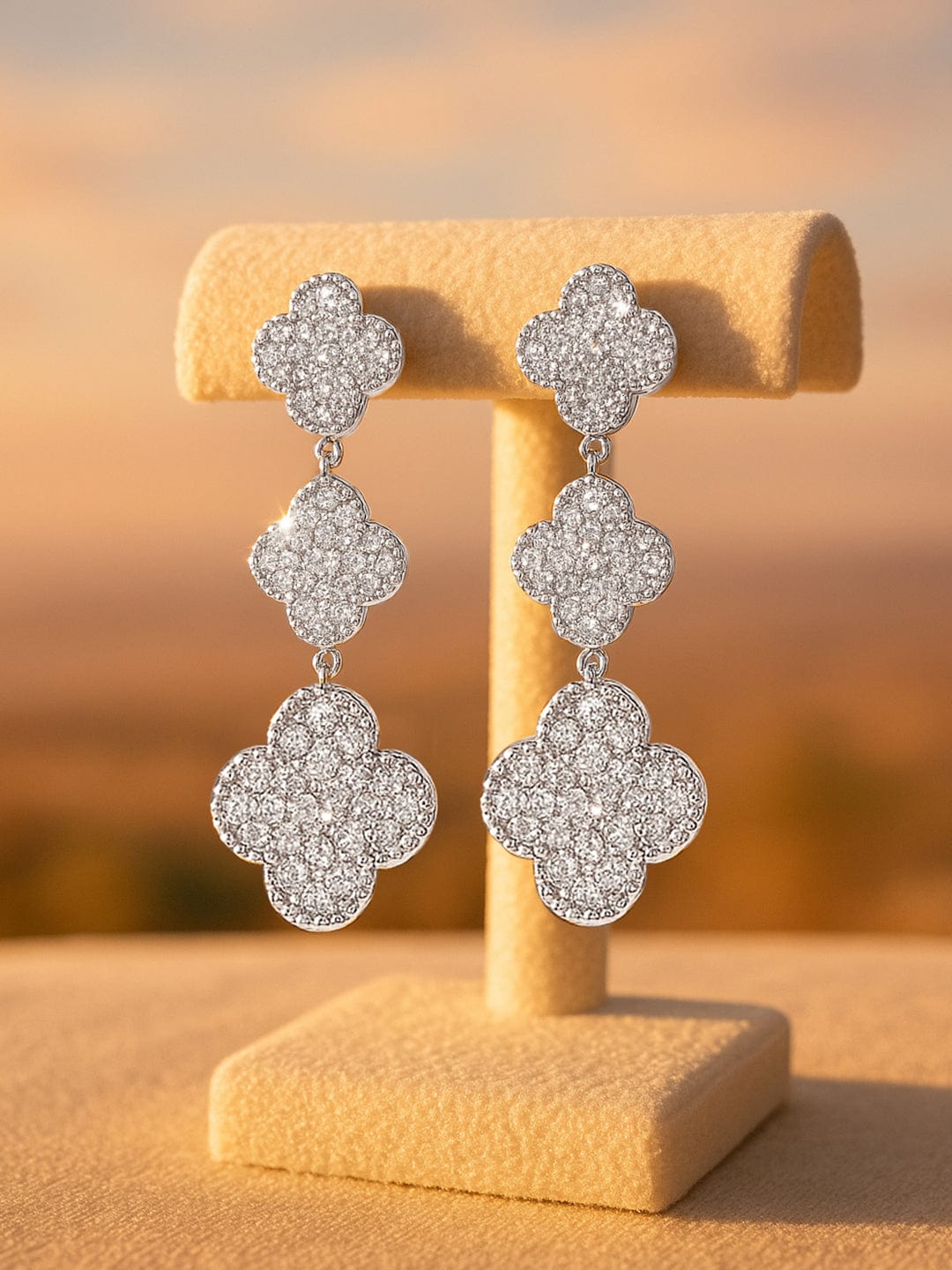 Rubans Voguish Rhodium Plated Pave Stone Studded Dangle Earrings Silver