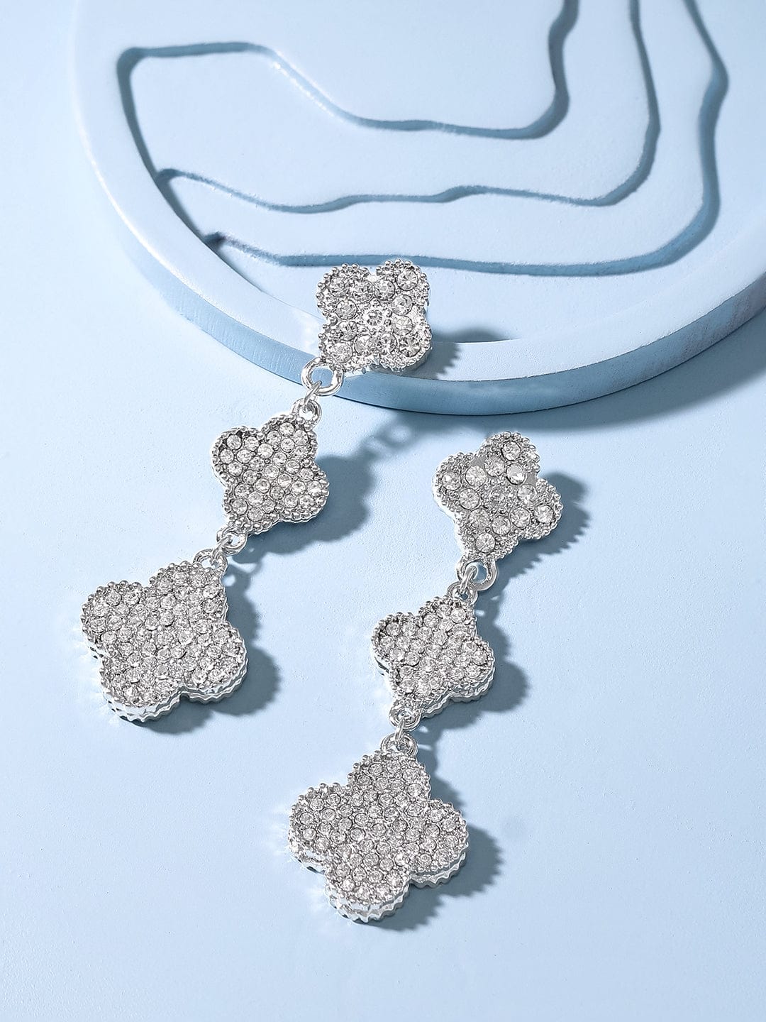 Rubans Voguish Rhodium Plated Pave Stone Studded Dangle Earrings Silver