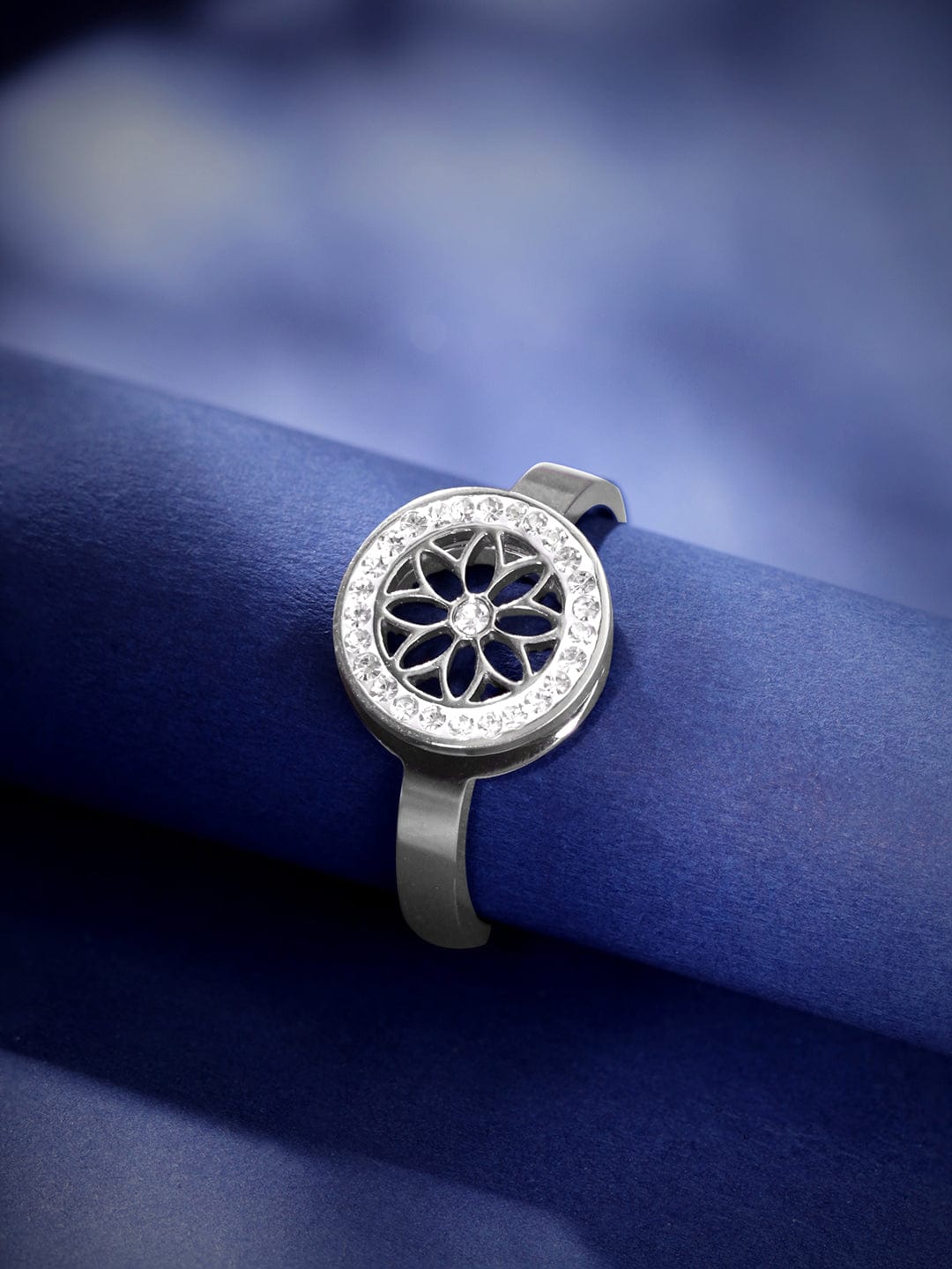 American Diamond Zirconia Studded Floral Ring Silver