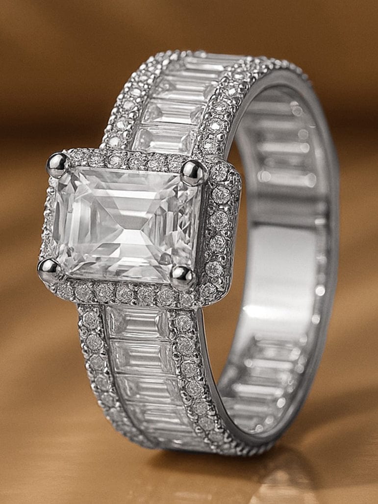 【Rubans】 Voguish Rhodium-Plated Stainless Steel Baguette Solitaire Cubic Zirconia Adjustable Ring｜ヴォーギッシュ ロジウムメッキ ステンレススチール バゲット ソリテール キュービックジルコニア アジャスタブルリング（変色に強い・防水）