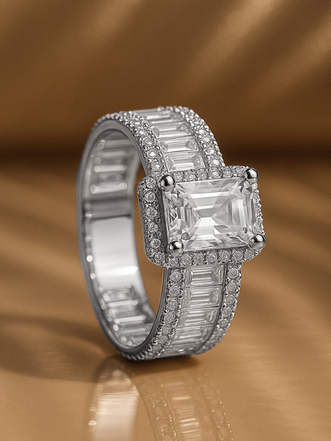 【Rubans】 Voguish Rhodium-Plated Stainless Steel Baguette Solitaire Cubic Zirconia Adjustable Ring｜ヴォーギッシュ ロジウムメッキ ステンレススチール バゲット ソリテール キュービックジルコニア アジャスタブルリング（変色に強い・防水）