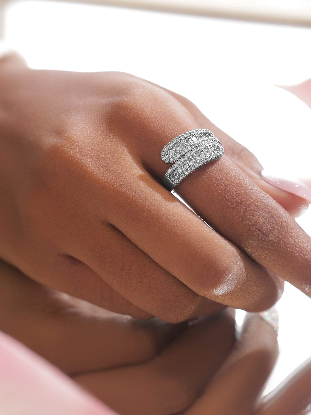 【Rubans】 Voguish Rhodium Plated Stainless Steel Dual-Band Cubic Zirconia Adjustable Ring｜ヴォーギッシュ ロジウムメッキ ステンレス デュアルバンド ジルコニア アジャスタブルリング