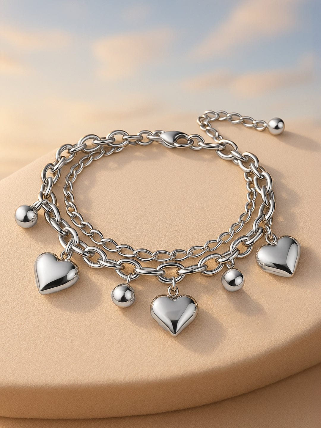 Chunky Heart Charm Statement Bracelet Silver