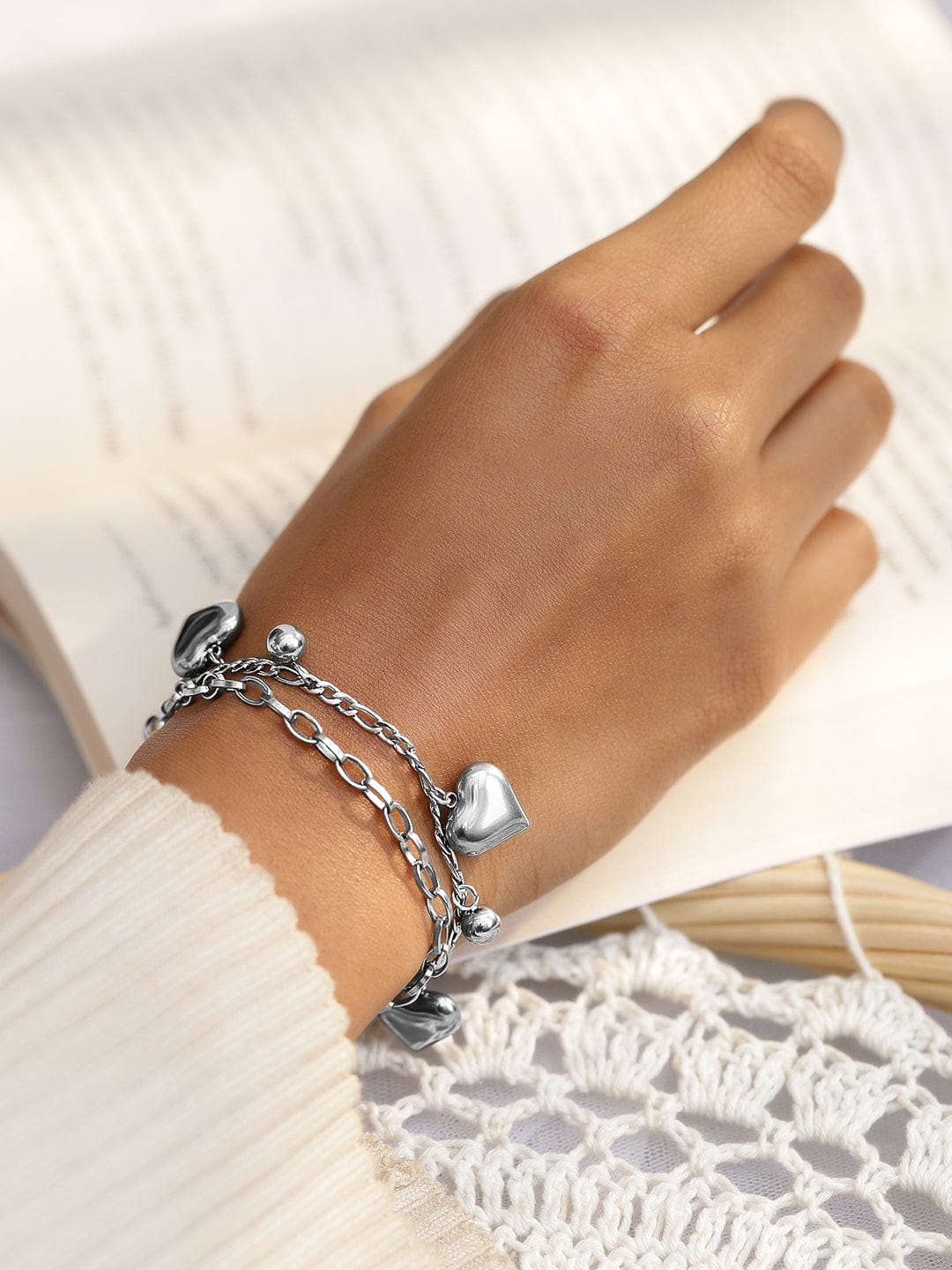 Chunky Heart Charm Statement Bracelet Silver