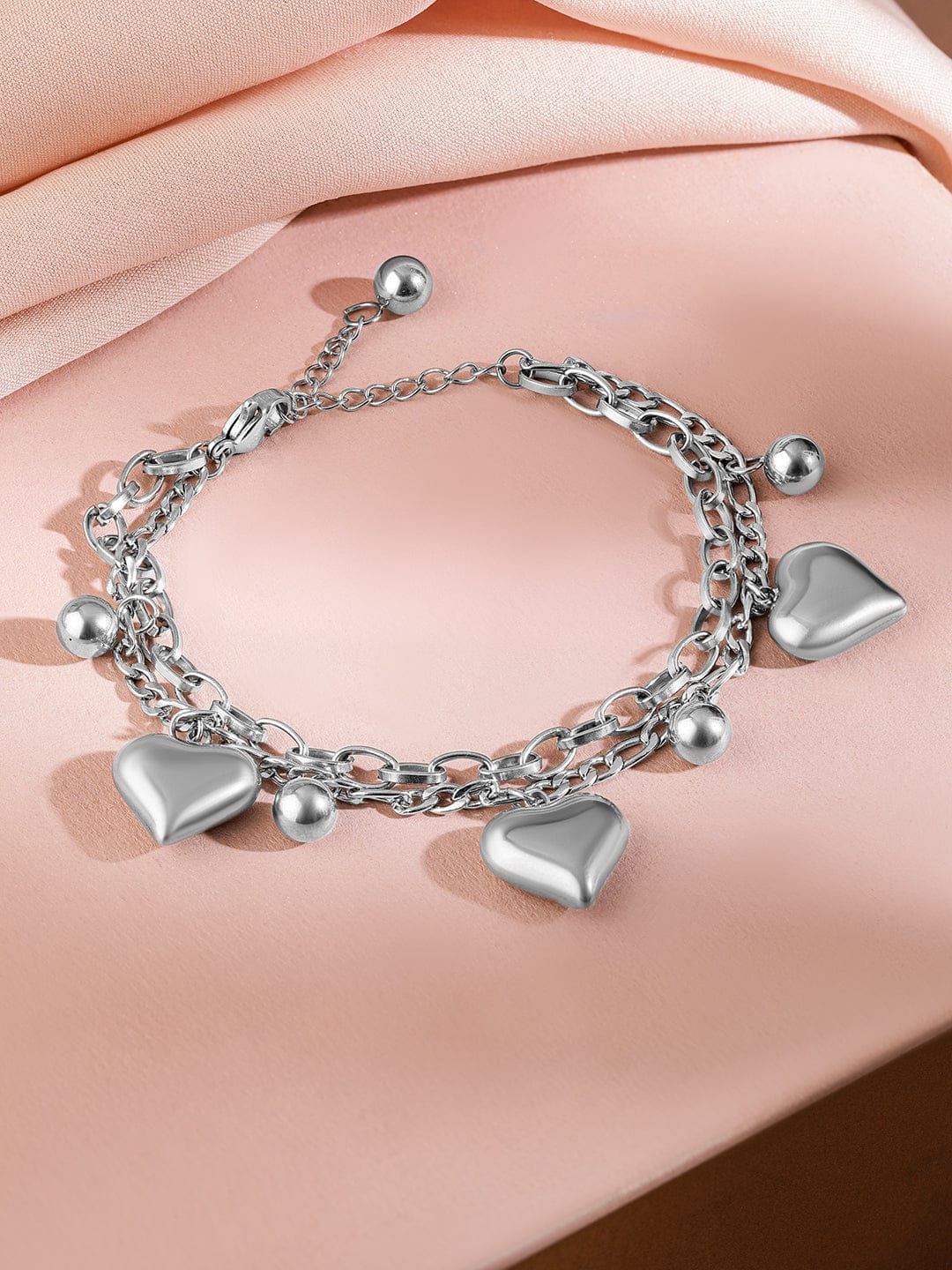 Chunky Heart Charm Statement Bracelet Silver