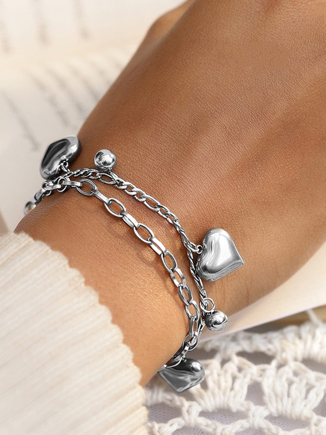 Chunky Heart Charm Statement Bracelet Silver