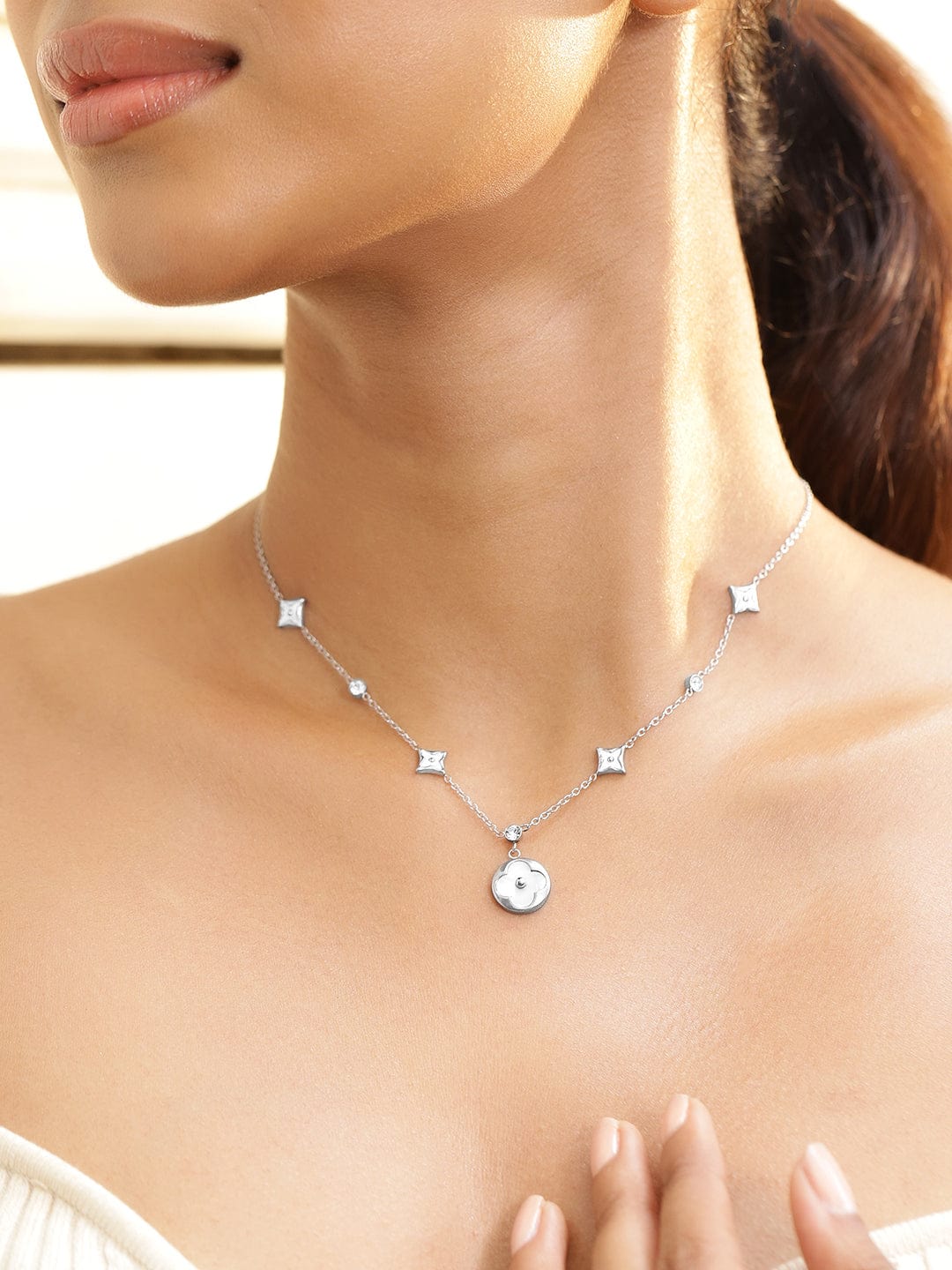 Subtle Floral Charms Chain Necklace Silver