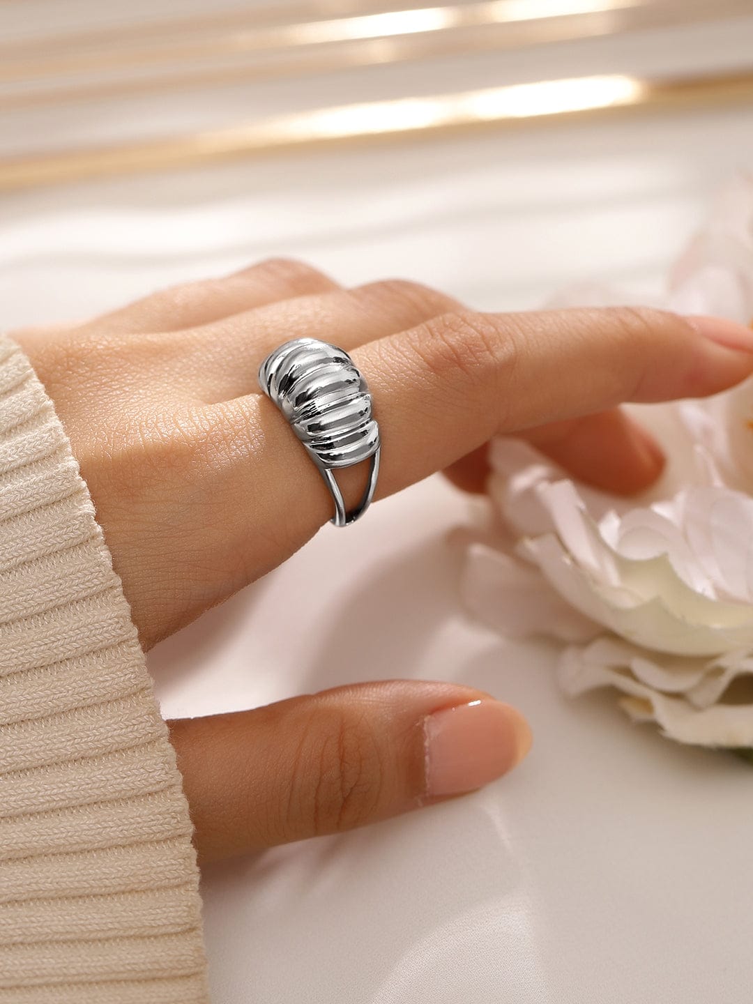 Rubans Voguish Rhodium-Plated Textured Dome Adjustable Statement Ring Silver