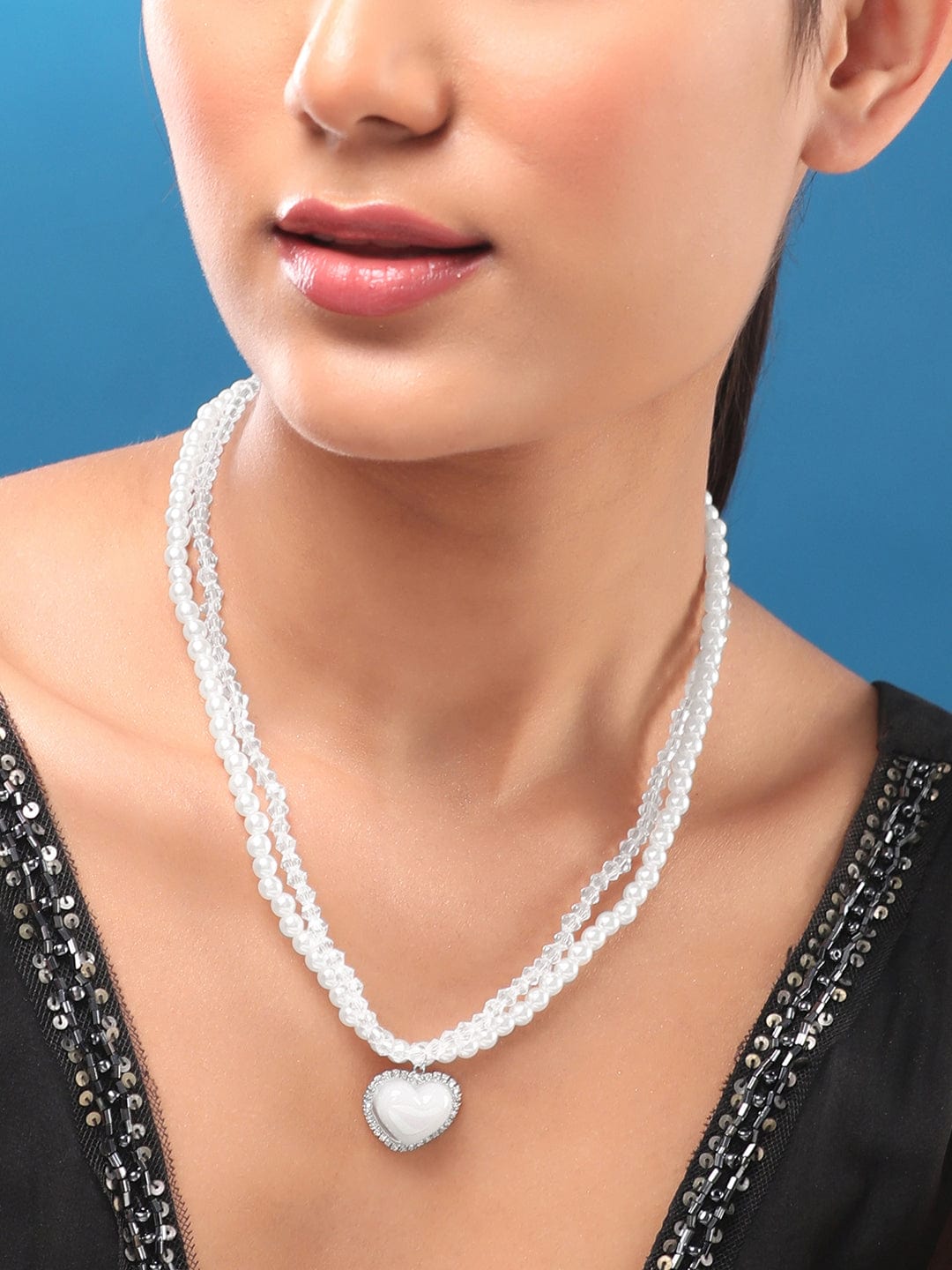 【Rubans】 Voguish Rhodium-Plated Crystal Pearl Studded Layered Necklace｜ヴォーギッシュ ロジウムメッキ クリスタル＆パール レイヤード ハートネックレス