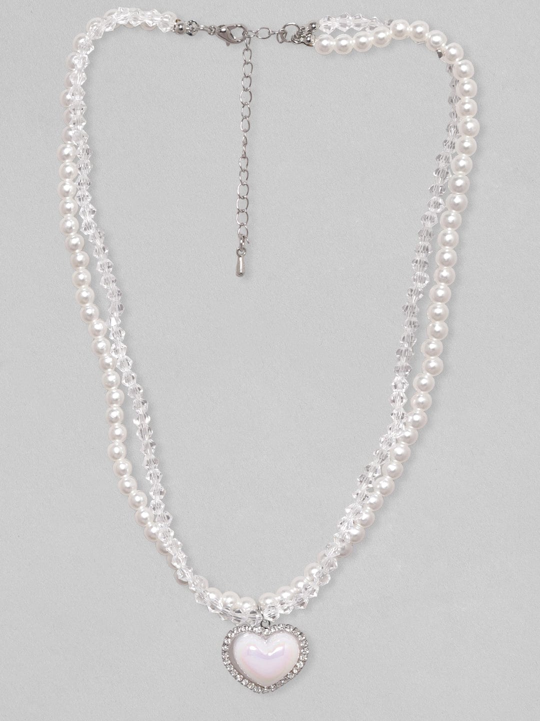【Rubans】 Voguish Rhodium-Plated Crystal Pearl Studded Layered Necklace｜ヴォーギッシュ ロジウムメッキ クリスタル＆パール レイヤード ハートネックレス