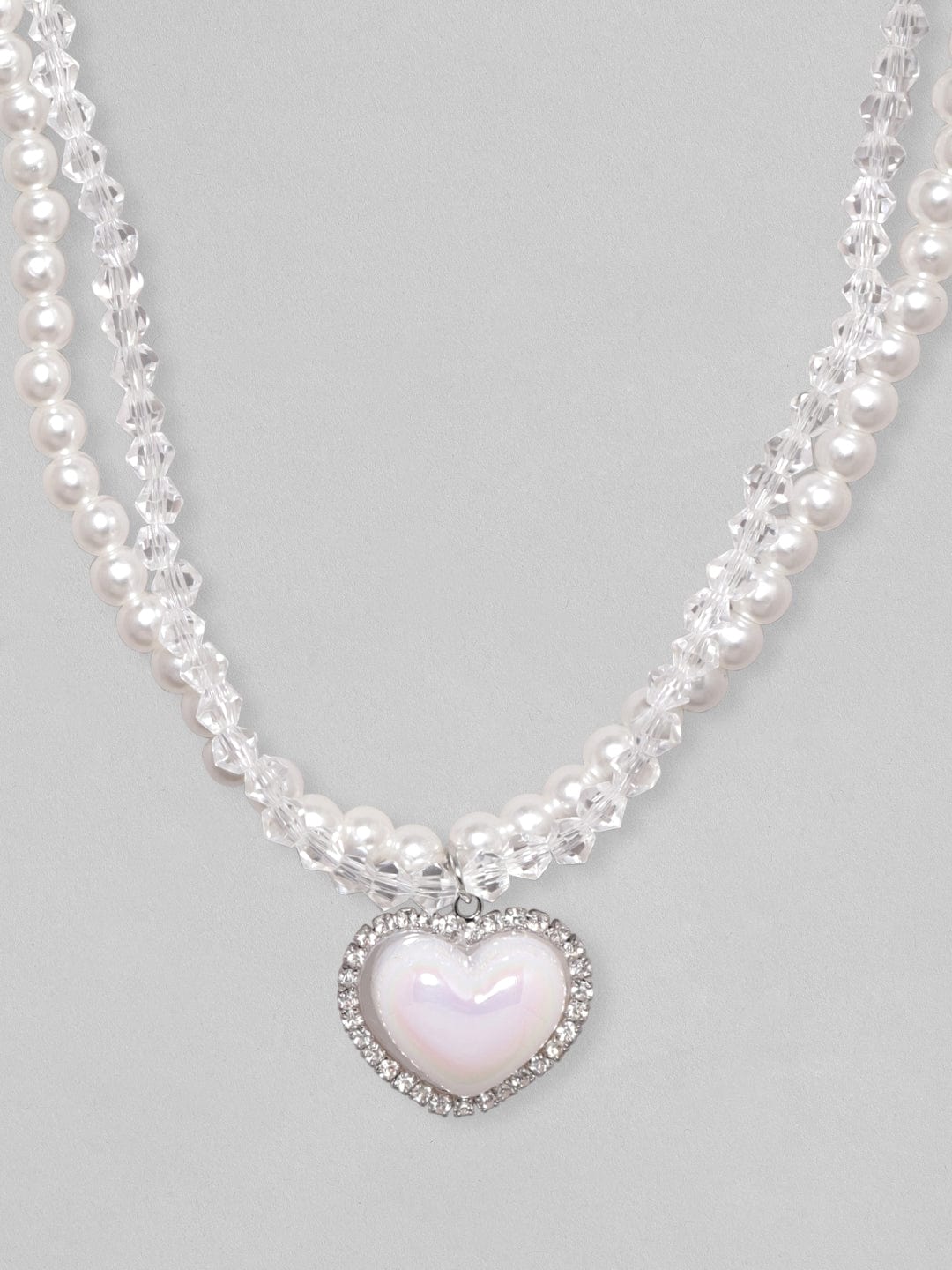 【Rubans】 Voguish Rhodium-Plated Crystal Pearl Studded Layered Necklace｜ヴォーギッシュ ロジウムメッキ クリスタル＆パール レイヤード ハートネックレス