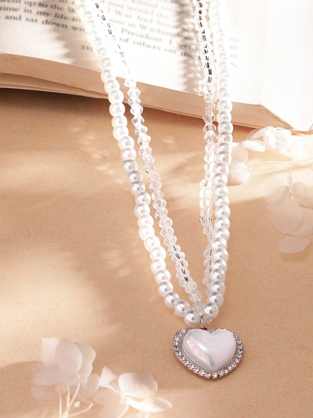 【Rubans】 Voguish Rhodium-Plated Crystal Pearl Studded Layered Necklace｜ヴォーギッシュ ロジウムメッキ クリスタル＆パール レイヤード ハートネックレス