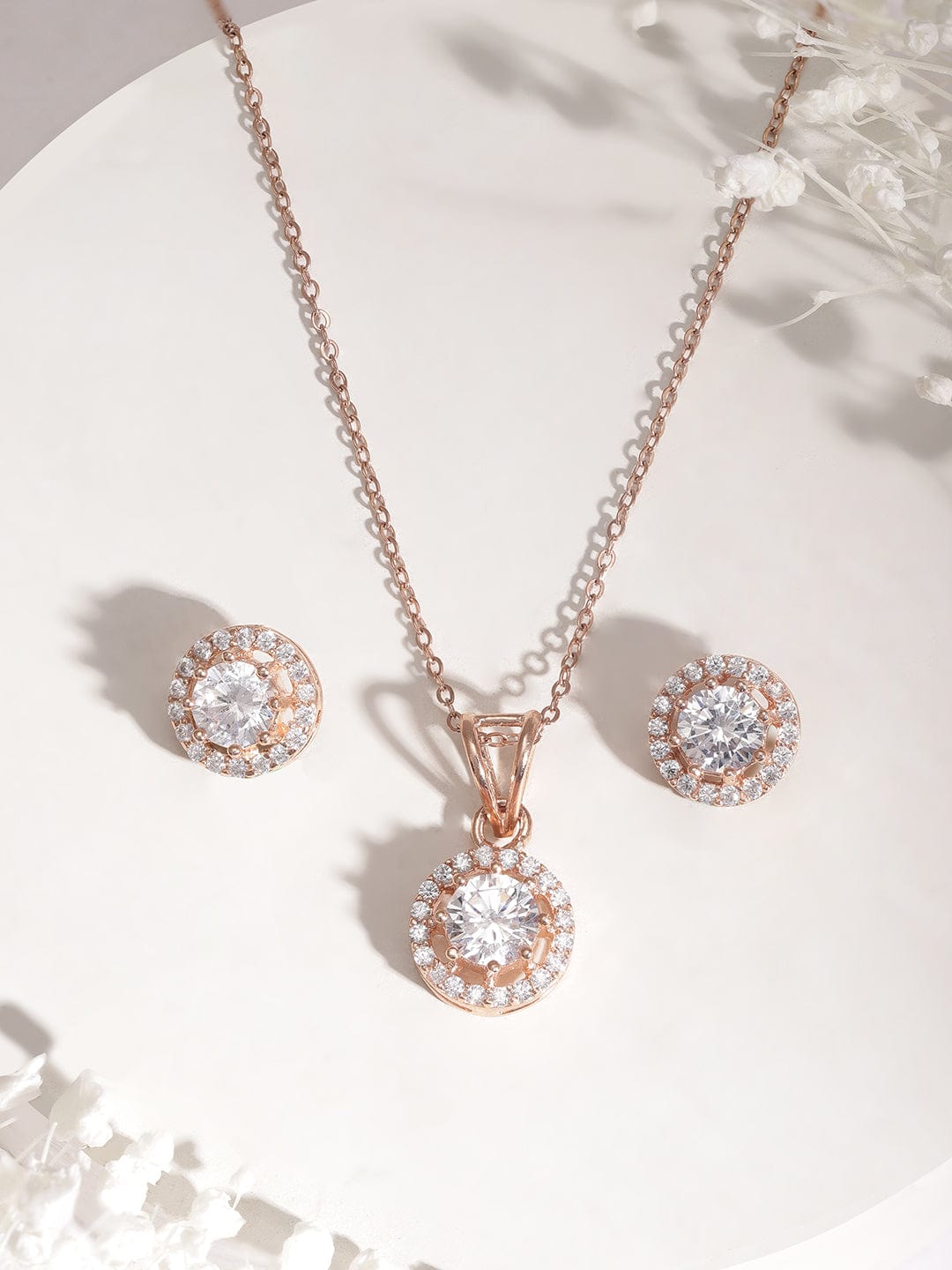 Rose Gold American Diamond Zirconia Necklace Set Rose Gold