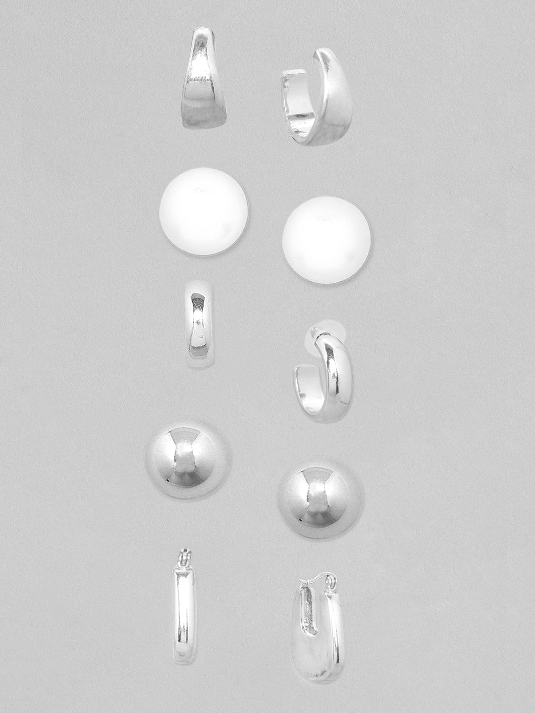 【Rubans】 Voguish Women Set of 5 Silver-Toned Classic Studs & Hoops Earrings｜ヴォーギッシュ シルバートーン クラシック スタッド＆フープ イヤリング 5組セット