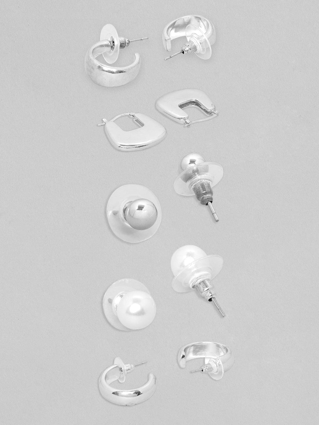 【Rubans】 Voguish Women Set of 5 Silver-Toned Classic Studs & Hoops Earrings｜ヴォーギッシュ シルバートーン クラシック スタッド＆フープ イヤリング 5組セット