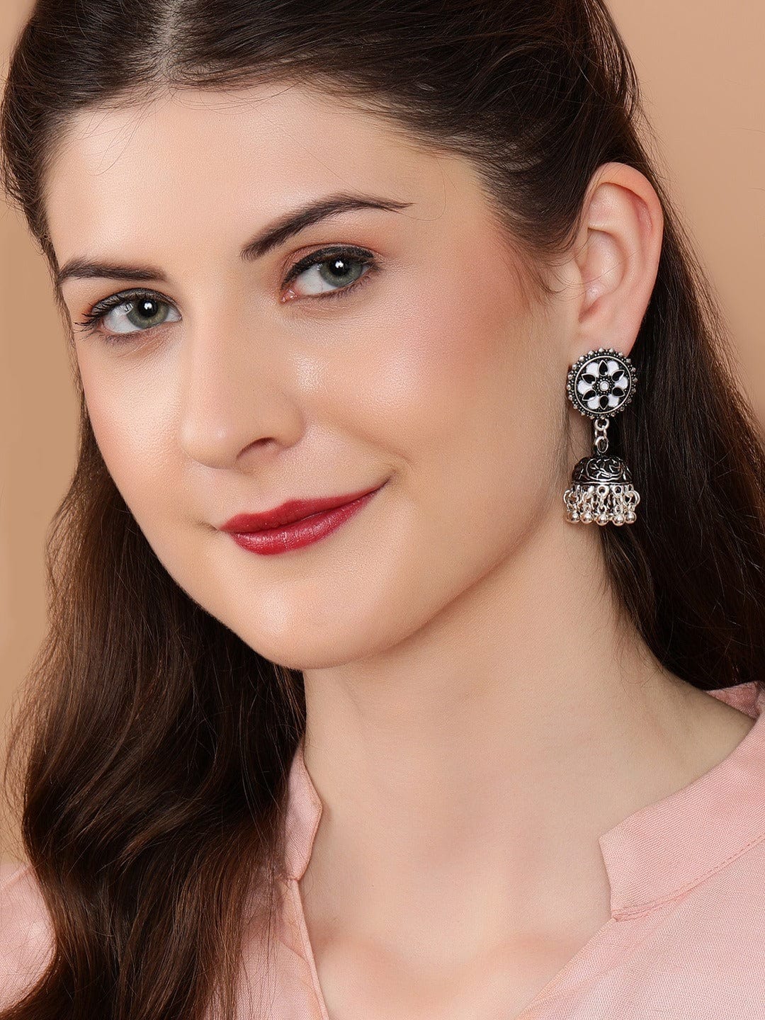 Mirror Studded Oxidised Jhumkas Silver