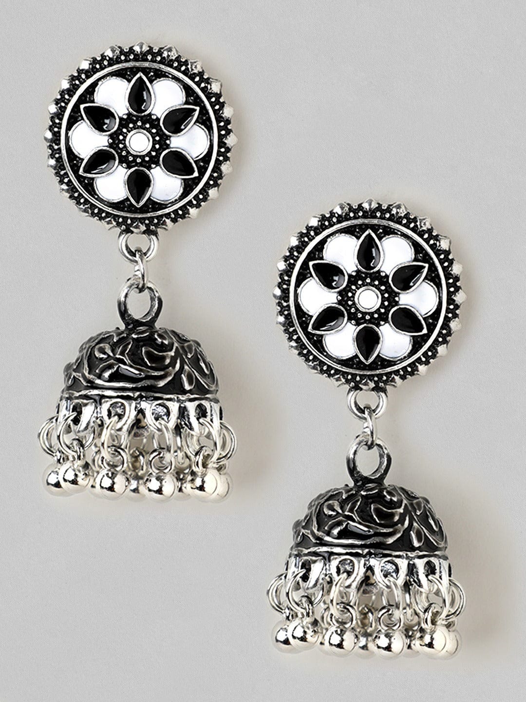 Mirror Studded Oxidised Jhumkas Silver
